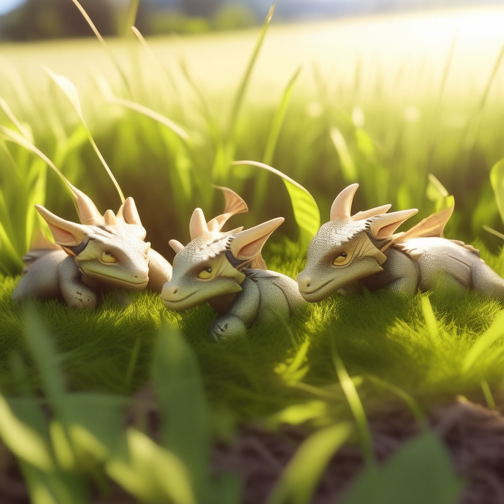 A group of baby dragons napping in a grassy field under the sun