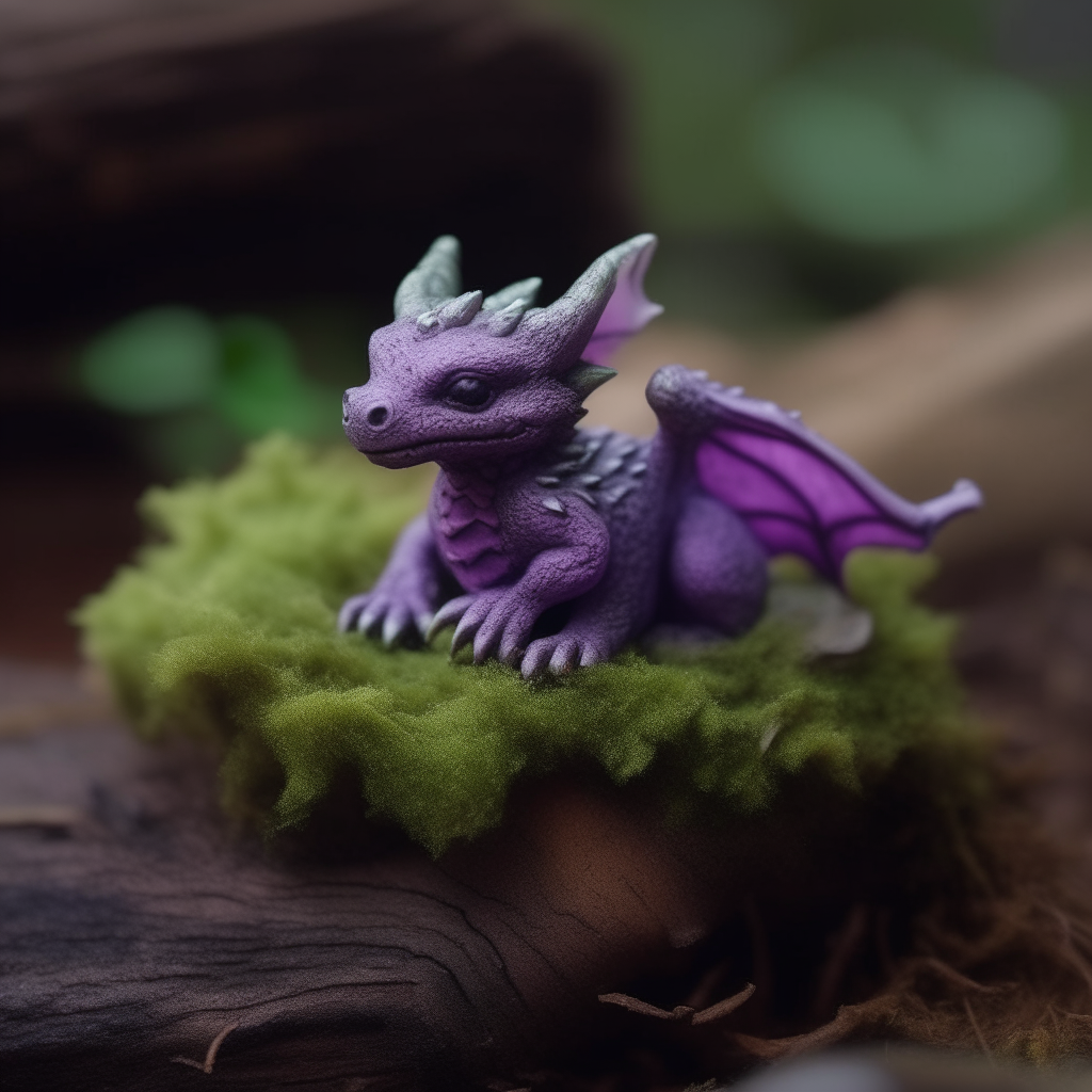 A tiny purple dragon hatchling resting on a moss-covered tree stump