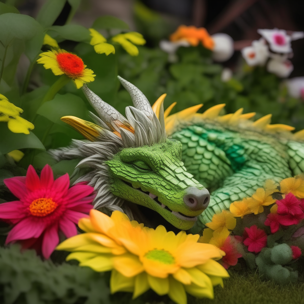 A small green dragon sleeping among colorful wildflowers