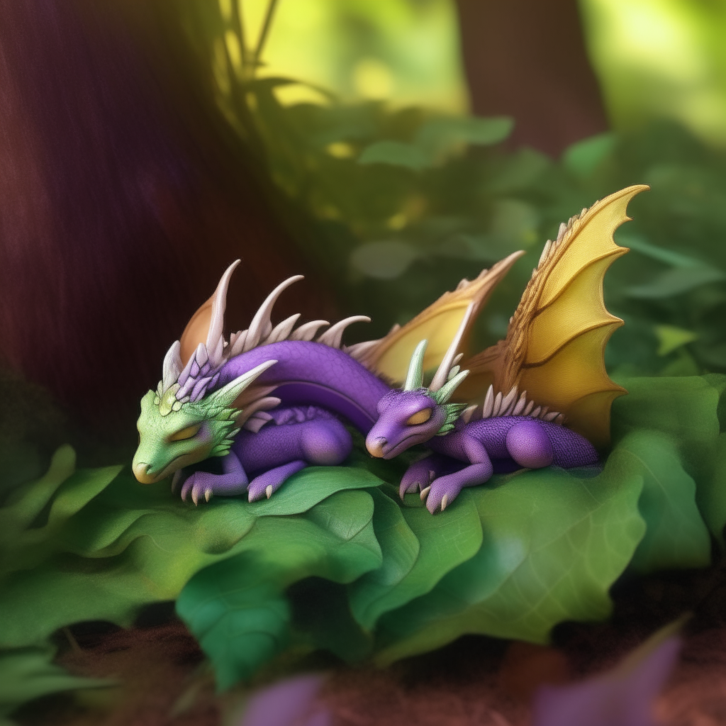 Two tiny dragons, one purple and one green, nap together under a large leaf in a sunny forest clearing
