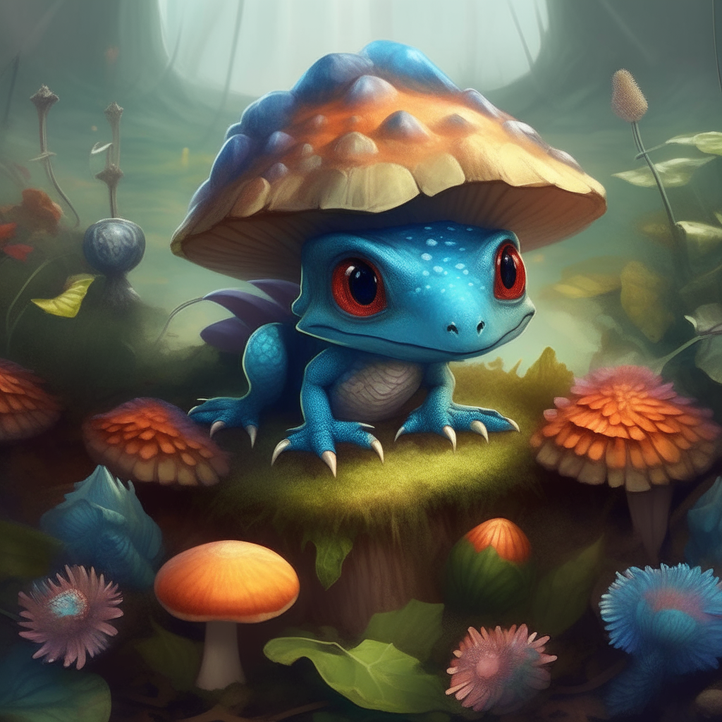 A baby dragon in blue scales peeks out from behind a colorful mushroom at the edge of a fairy ring