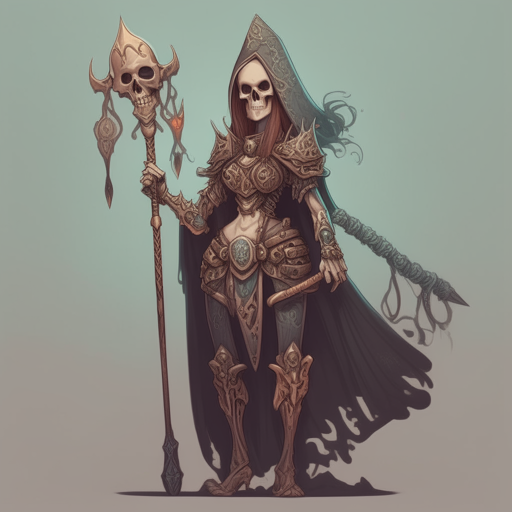 a female witch wearing ornate skull armor, standing proudly with a staff