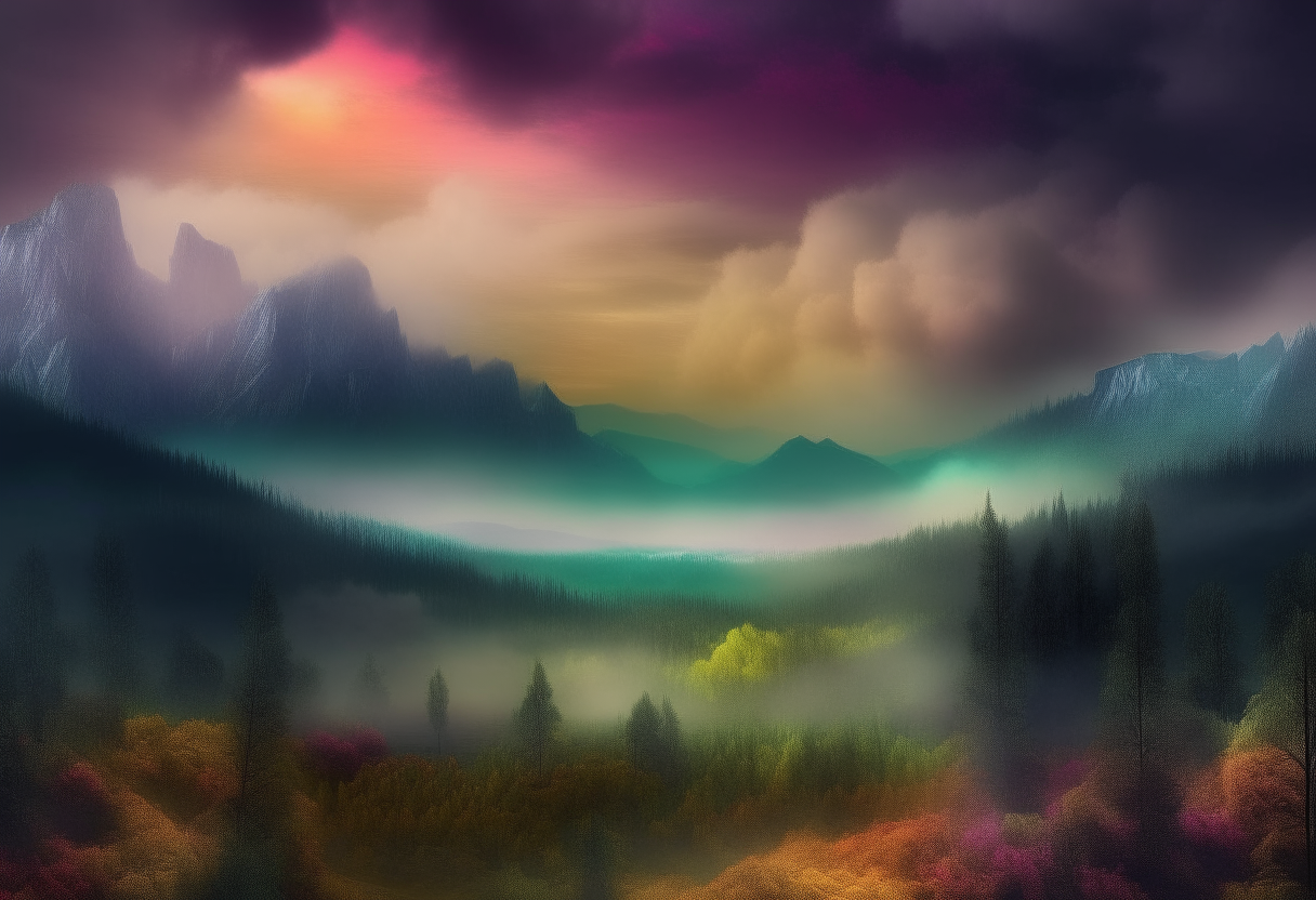 a vast fantasy landscape with dark forests and misty mountains under colorful stormy skies