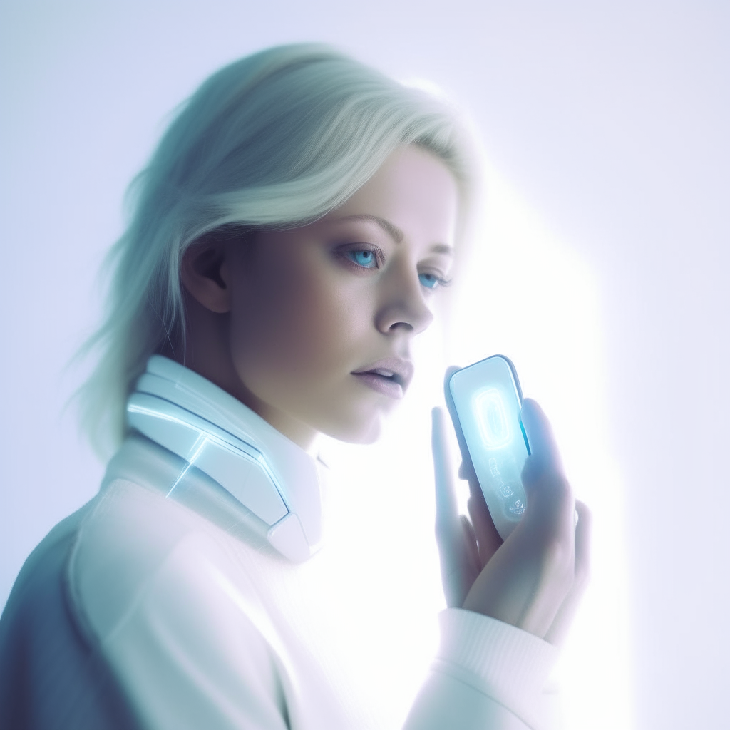 a blond woman talking on a futuristic cell phone. Cold, sterile lighting washes her face in a pale glow against a stark white backdrop.