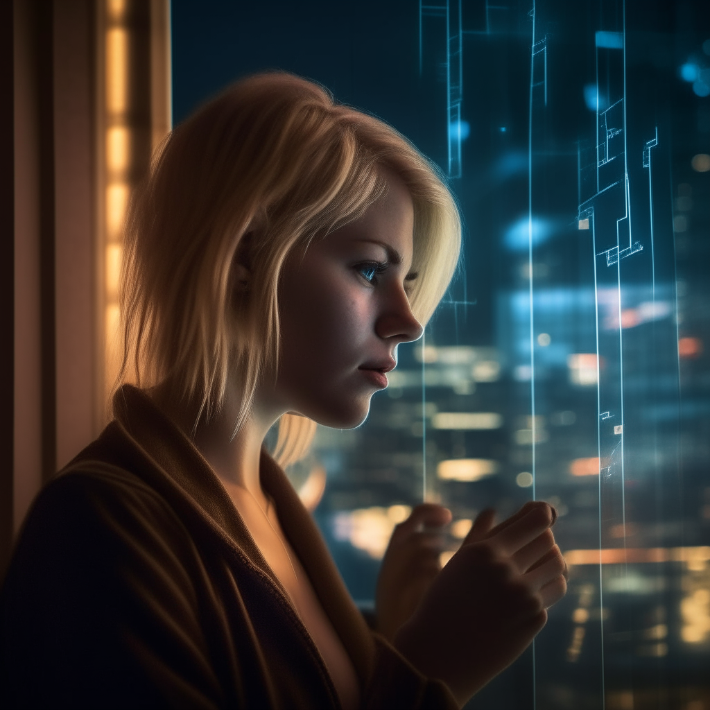 a blond woman pauses mid-conversation, lost in thought as artificial city lights dance across her features through a nearby window. Her cell phone casts an eerie glow.