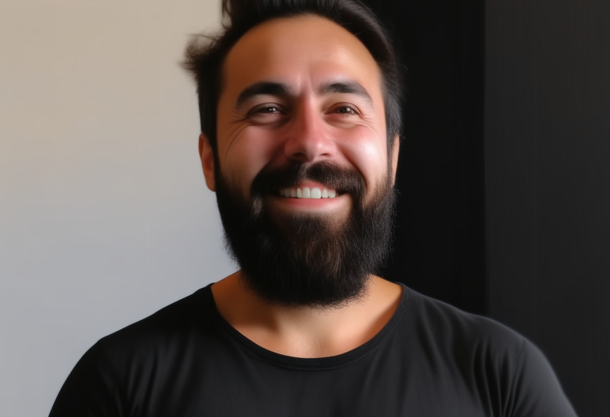 a man with a beard and a black shirt, smiling