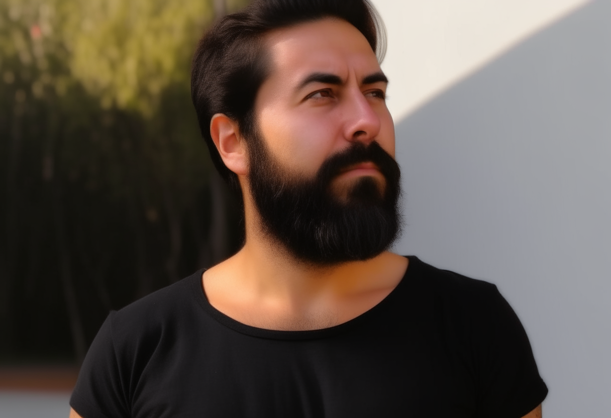 a man with a beard and a black shirt, outdoors