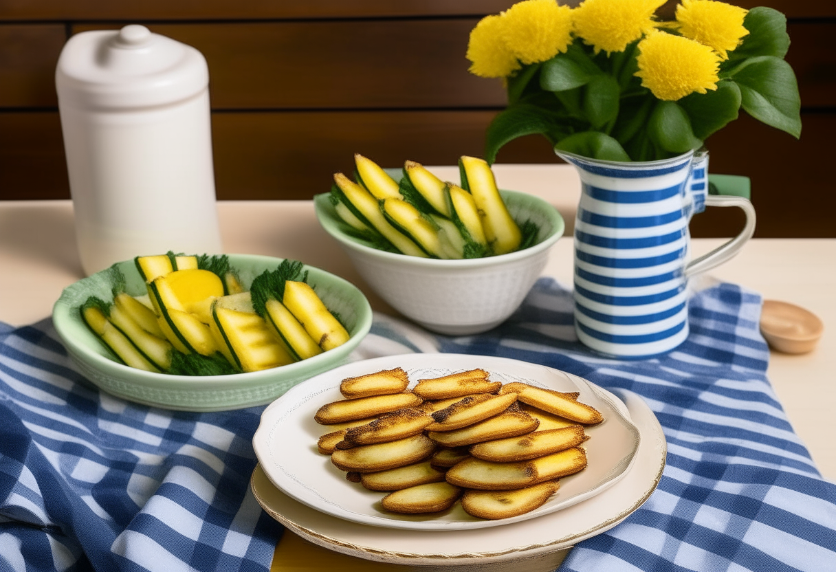 A rustic wooden table with a classic blue and white gingham tablecloth. In the center is a white ceramic plate with golden-brown air fryer zucchini chips arranged in a circle. Beside it is a small bowl of creamy ranch dressing. There are mini American flags and ears of corn around the plate. A glass of iced tea with lemon and mint sits to the side. The background is a blurred sunset farm landscape.