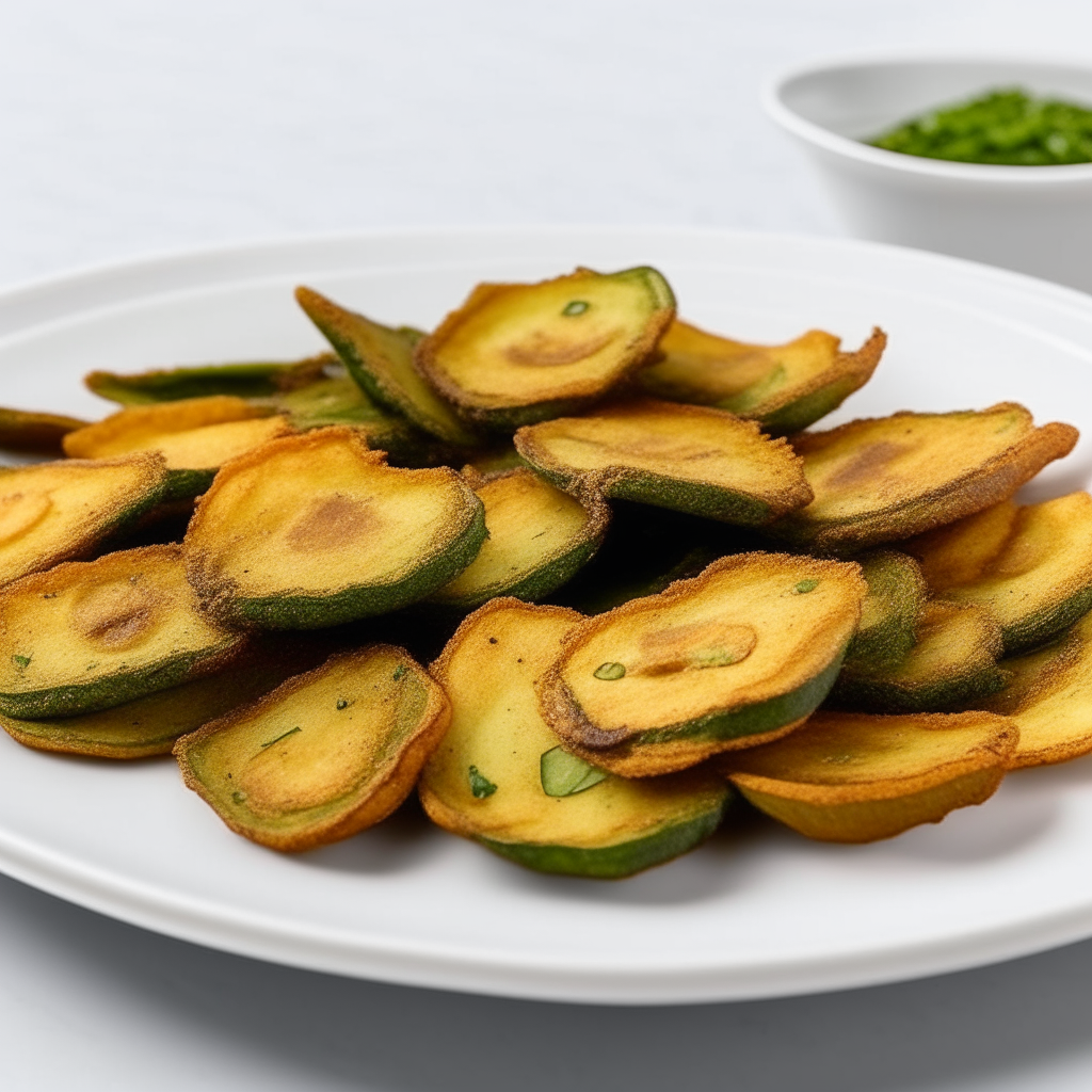 A close up photo of a white ceramic plate with golden brown air fryer zucchini chips arranged in a circle. The chips are crispy and seasoned, shown in great detail.