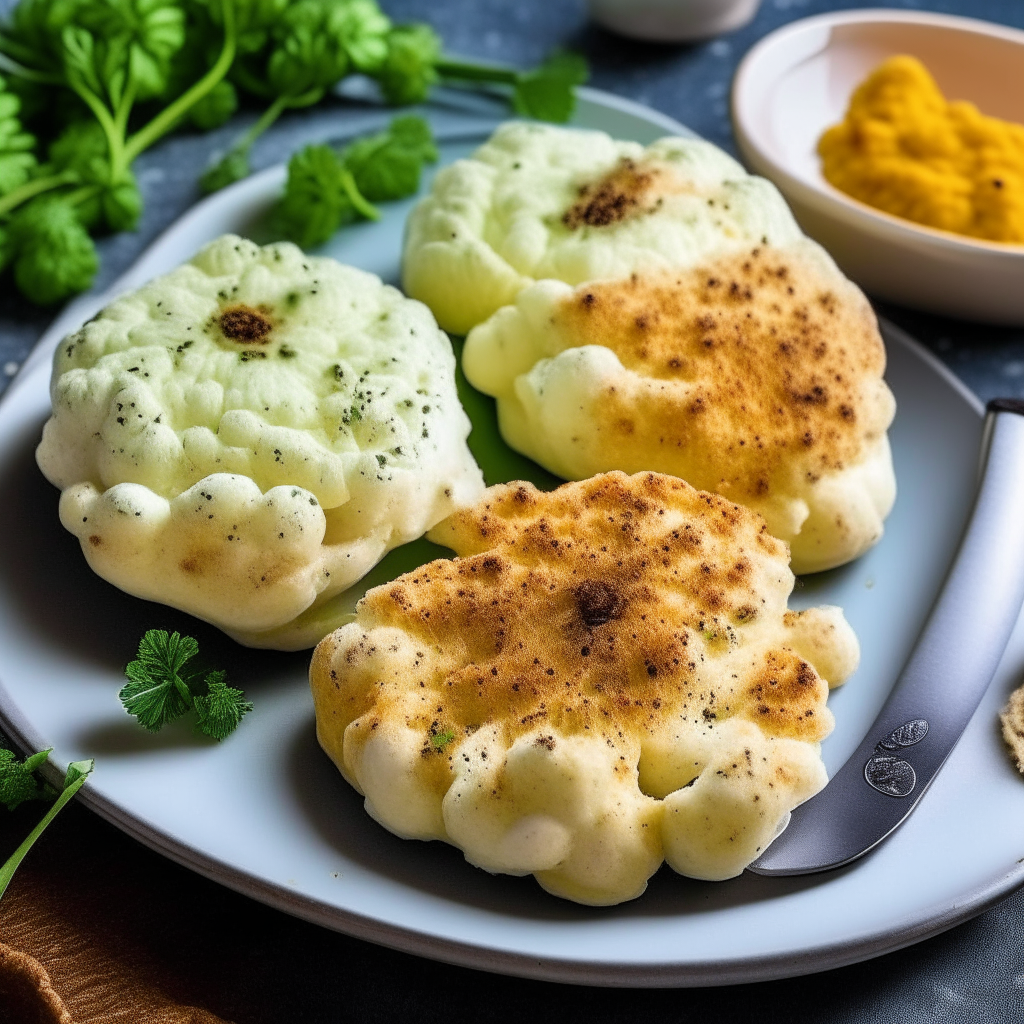 Two thick cauliflower steaks roasted in an air fryer on a white plate, with seasoning and olive oil, crisp on the outside and tender inside, detailed photo