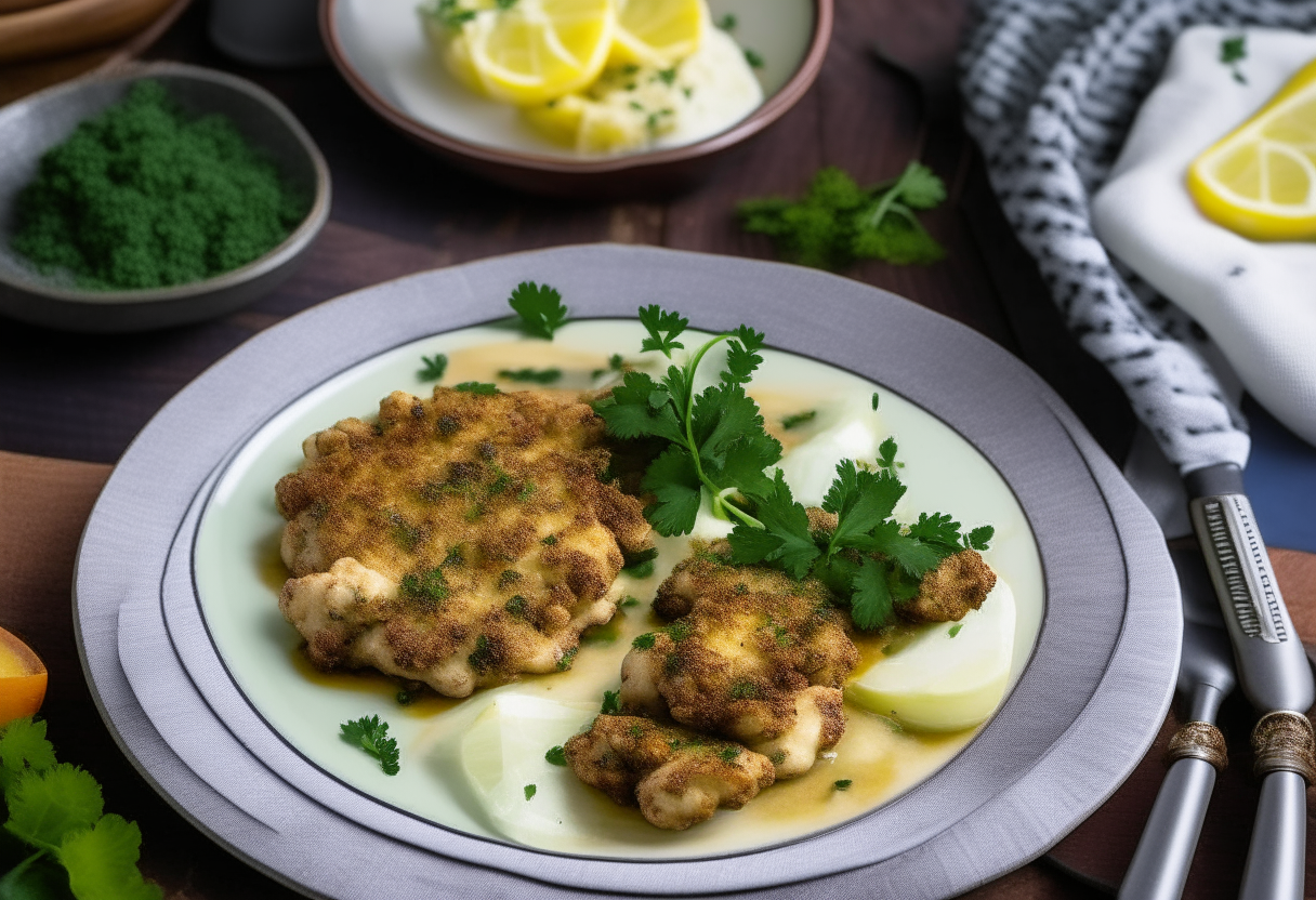 A rustic wooden dining table with a white porcelain plate showcasing two golden-brown air fryer roasted cauliflower steaks garnished with parsley and thyme. Next to the plate is a small bowl of creamy garlic dip and a lemon wedge. In the background an American flag is draped and silver cutlery rests on a red and white checkered napkin.