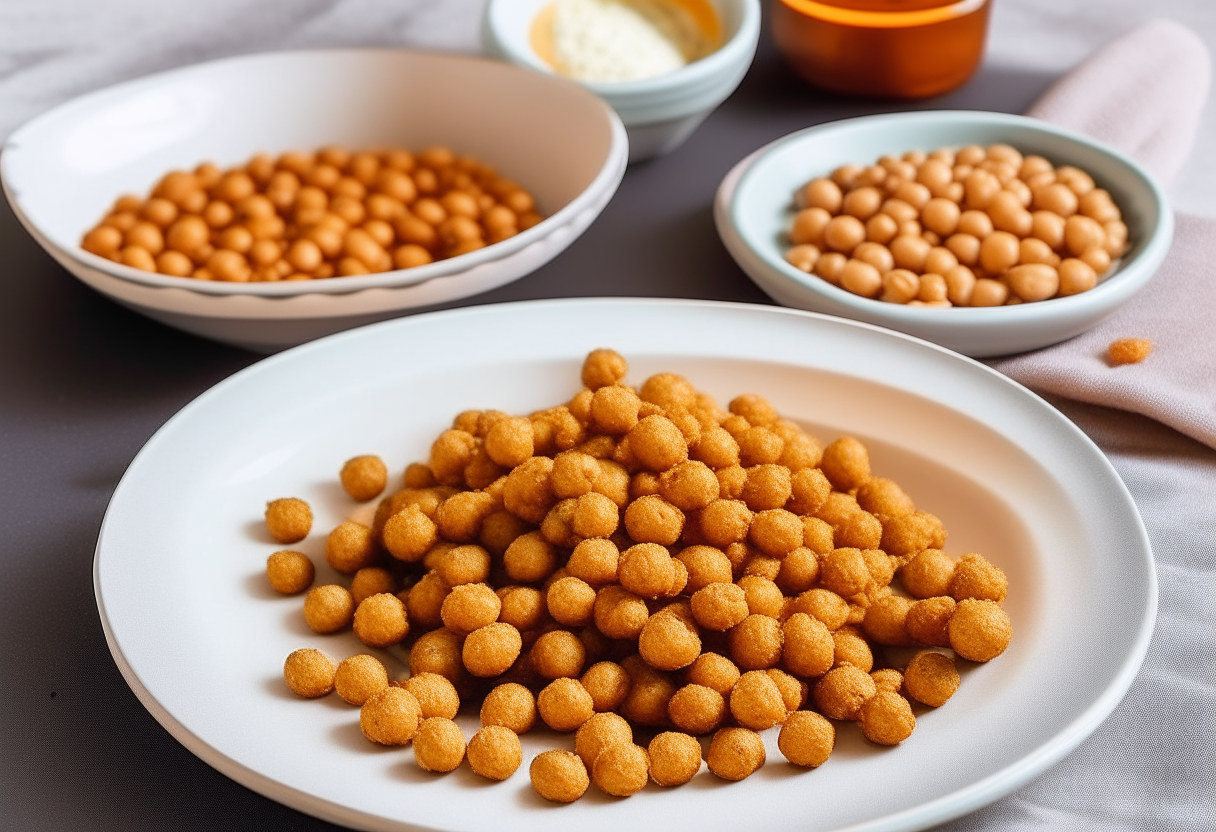 A white plate with golden brown spicy air fried chickpeas on a wooden countertop. The chickpeas are coated in chili, paprika and garlic. Next to the plate is a small bowl of creamy ranch dressing and a mini American flag.