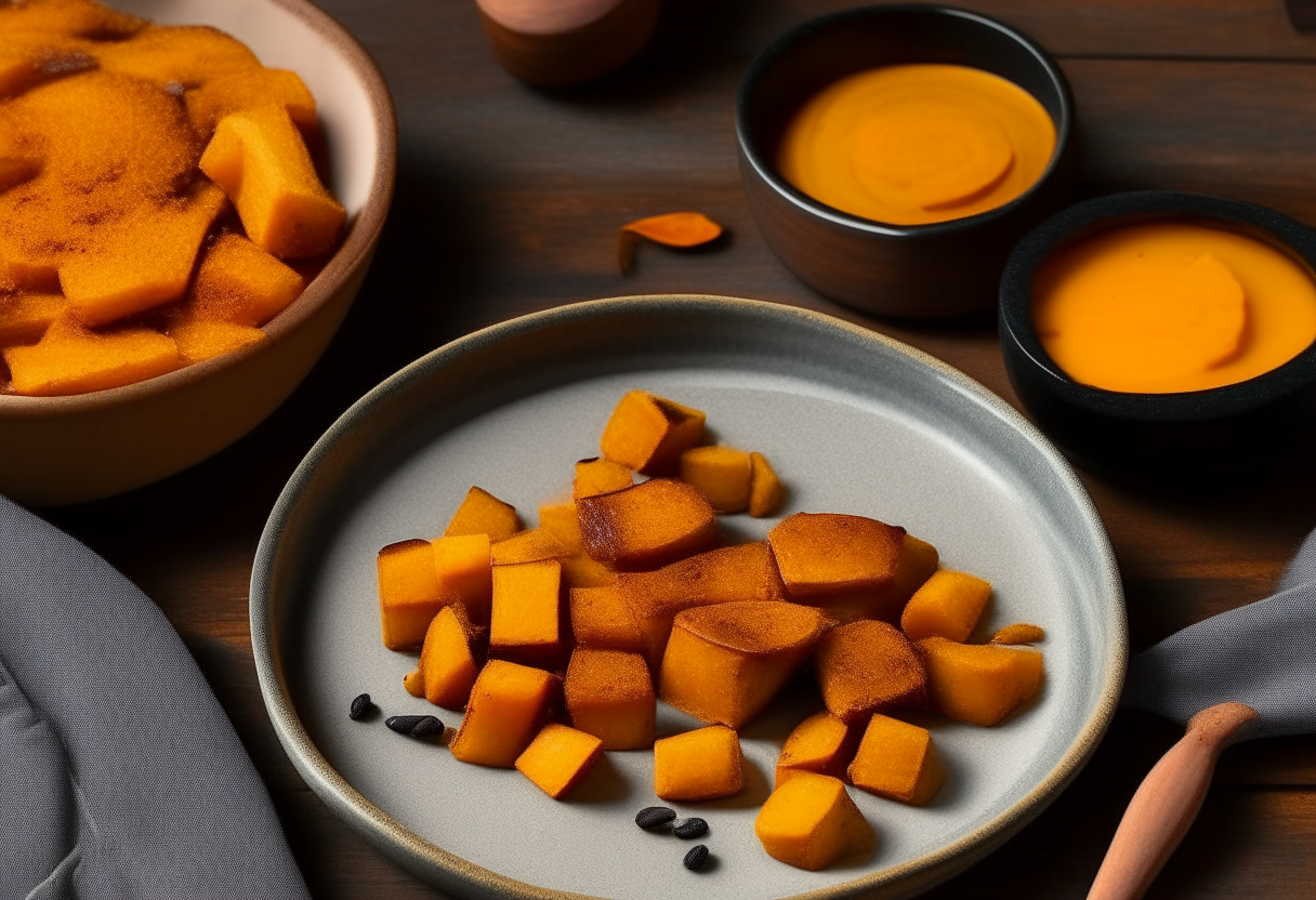 A rustic wooden table with a plate of cubed air fried butternut squash with crispy edges and olive oil. Next to it is a small bowl of cinnamon spiced yogurt dip, a pumpkin, fall leaves and a cinnamon stick.