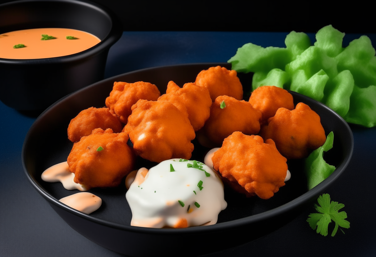 A dark countertop with a plate of air fried buffalo cauliflower wings coated in red buffalo sauce. Next to it is blue cheese dressing, celery sticks, a mini American flag and football.