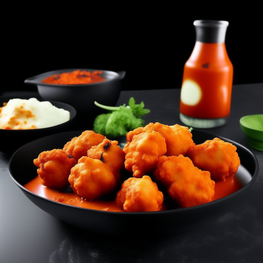 A lively, modern American kitchen scene with a casual, yet vibrant ambiance. On a sleek, dark countertop sits a plate of Air Fryer Buffalo Cauliflower Wings, radiating with a fiery red hue that hints at their spicy flavor. These perfectly cooked cauliflower pieces, coated in a glossy buffalo sauce, offer a delectable balance of crunch and tang. Accompanying the plate is a small bowl of cool, creamy blue cheese dressing, and some celery sticks, providing a refreshing contrast. Decorations include a mini American flag and a football, symbolizing popular American sports gatherings where such snacks are a staple. The background is lively, with a hint of a game on the television and friends gathered around, capturing the essence of American camaraderie and love for flavorful, finger-friendly foods.