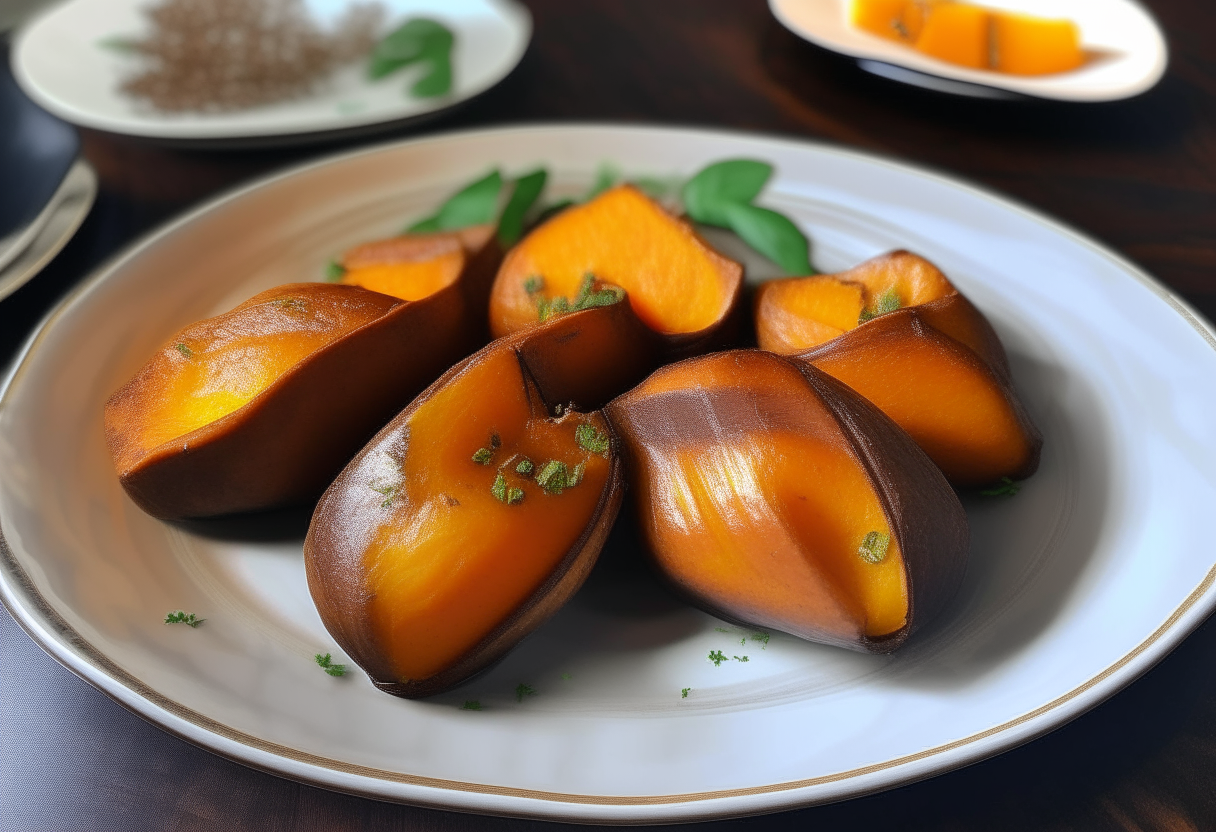 A warm, homely American kitchen scene, where a rustic wooden table proudly displays a plate of Air Fryer Baked Sweet Potatoes. These potatoes, with their caramelized, crispy skin and soft, steaming interior, sit invitingly on a white ceramic plate. Each potato is sliced open, revealing a fluffy, orange interior, and topped with a dollop of melting butter and a sprinkle of cinnamon, evoking the rich aromas of American home cooking. Beside the plate lies a small bunch of autumn leaves and a miniature pumpkin, symbolizing the fall harvest and Thanksgiving traditions. In the background, a softly glowing fireplace and a window showcasing a serene American countryside view add to the cozy, comforting atmosphere.