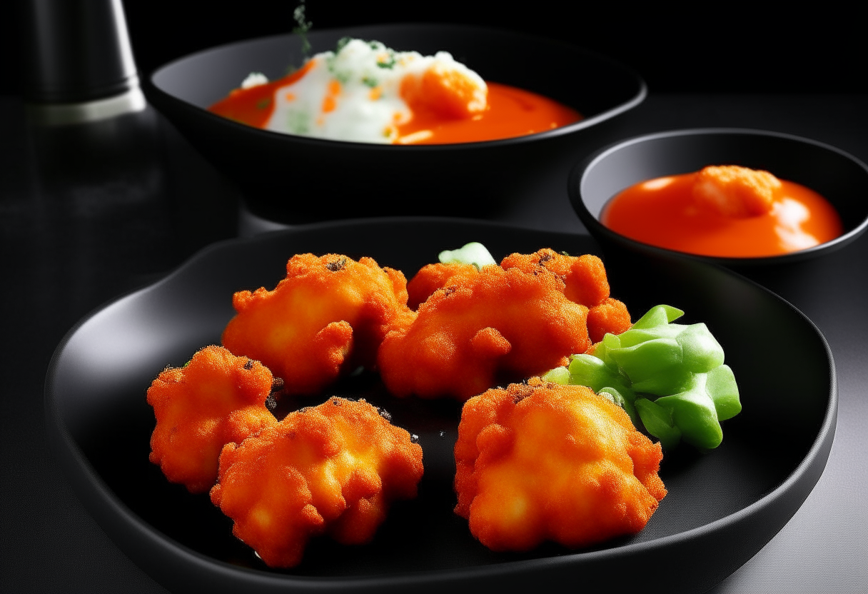 Picture a lively, modern American kitchen scene with a casual, yet vibrant ambiance. On a sleek, dark countertop sits a plate of Air Fryer Buffalo Cauliflower Wings, radiating with a fiery red hue that hints at their spicy flavor. These perfectly cooked cauliflower pieces, coated in a glossy buffalo sauce, offer a delectable balance of crunch and tang. Accompanying the plate is a small bowl of cool, creamy blue cheese dressing, and some celery sticks, providing a refreshing contrast. Decorations include a mini American flag and a football, symbolizing popular American sports gatherings where such snacks are a staple. The background is lively, with a hint of a game on the television and friends gathered around, capturing the essence of American camaraderie and love for flavorful, finger-friendly foods.