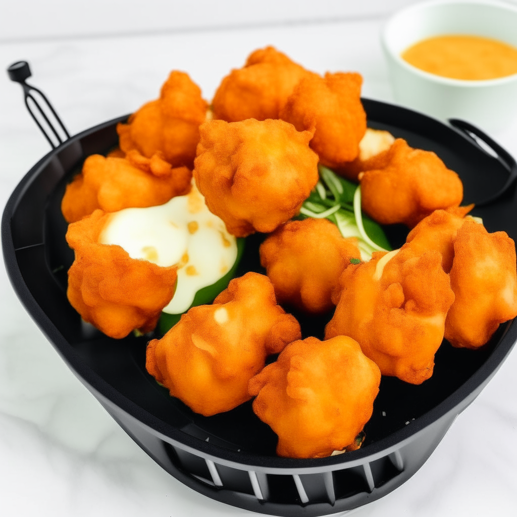 Crispy buffalo cauliflower wings in an air fryer basket on a white background