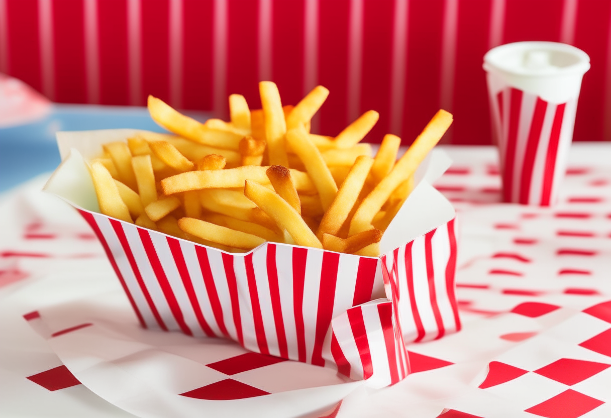 Envision a classic American diner setting with a nostalgic, vibrant twist. On a bright red and white checkered tablecloth sits a white, vintage-style serving basket lined with parchment paper, filled to the brim with Air Fryer French Fries. These fries are golden-brown, perfectly crispy on the outside and tender on the inside, exuding an irresistible aroma. Accompanying the fries is a small, retro red cup of ketchup, the quintessential American condiment, and a tiny bowl of creamy mayonnaise for dipping. Decorations include a miniature American flag and a small, classic diner-style salt shaker, adding to the Americana theme. In the background, a jukebox and neon lights set a lively, upbeat mood, reminiscent of classic American diners where such fries are a staple. This scene captures the essence of American comfort food - simple, satisfying, and deeply rooted in the nation's culinary traditions.