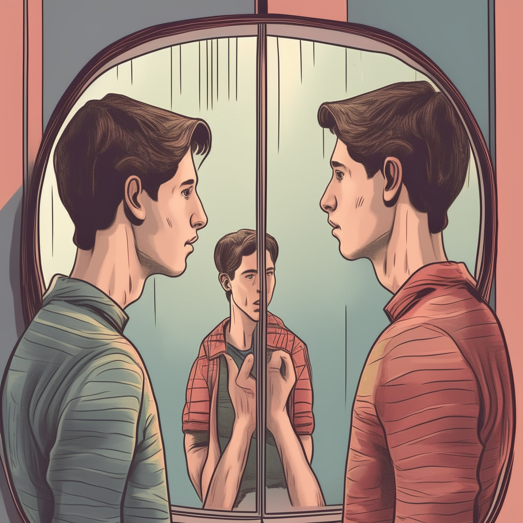 two strangers meeting at a party stare at each other's reflection in a mirror and grasp that they are one and the same