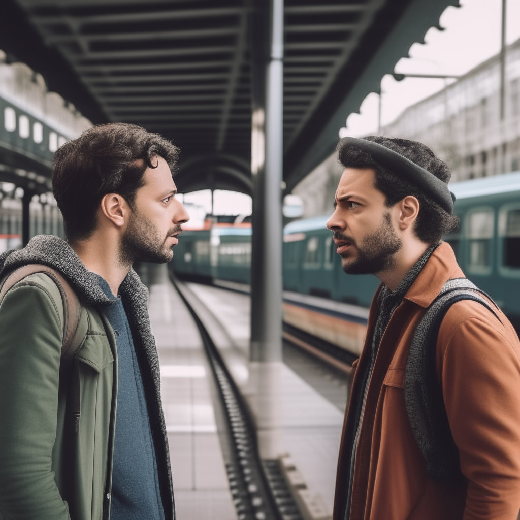 two men at a train station glance at each other and do a double take in shock at seeing another with their own face