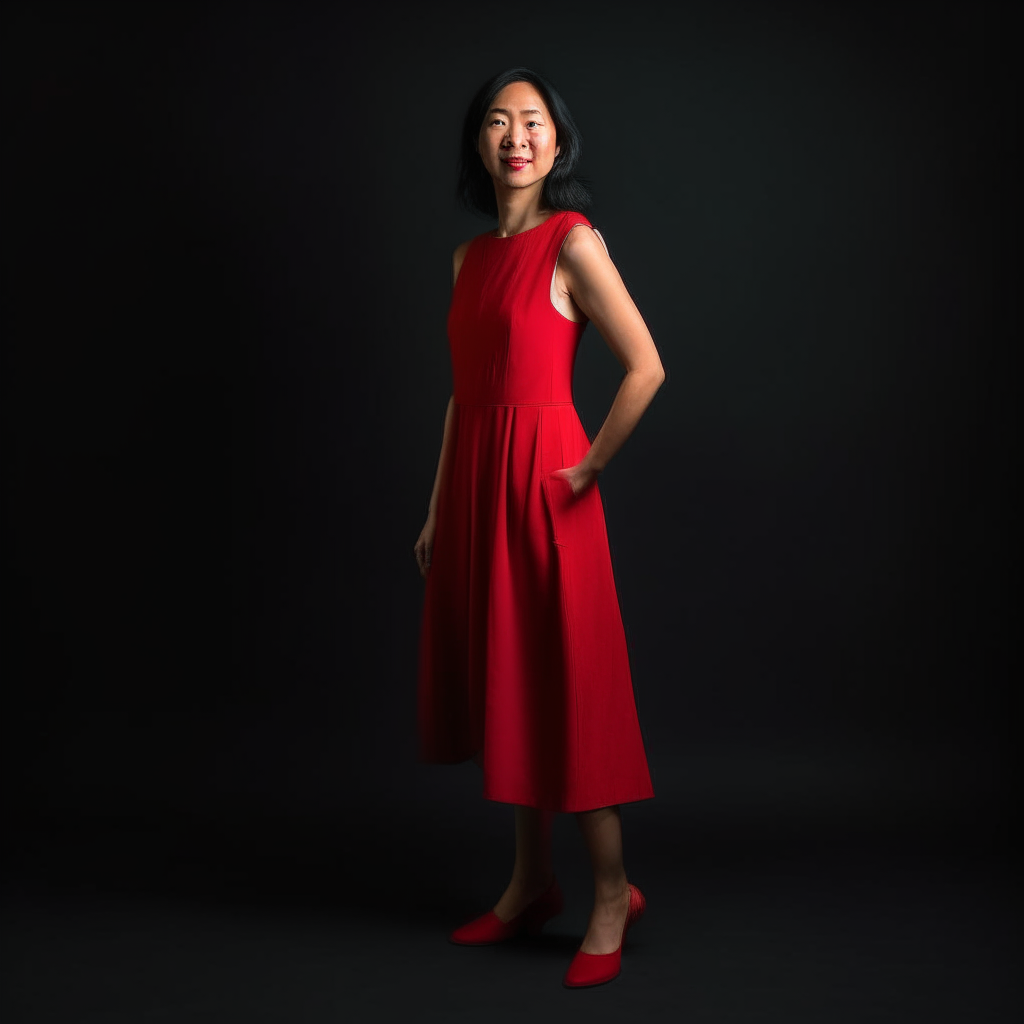 A full body image of the woman from the fused photo, wearing a red dress