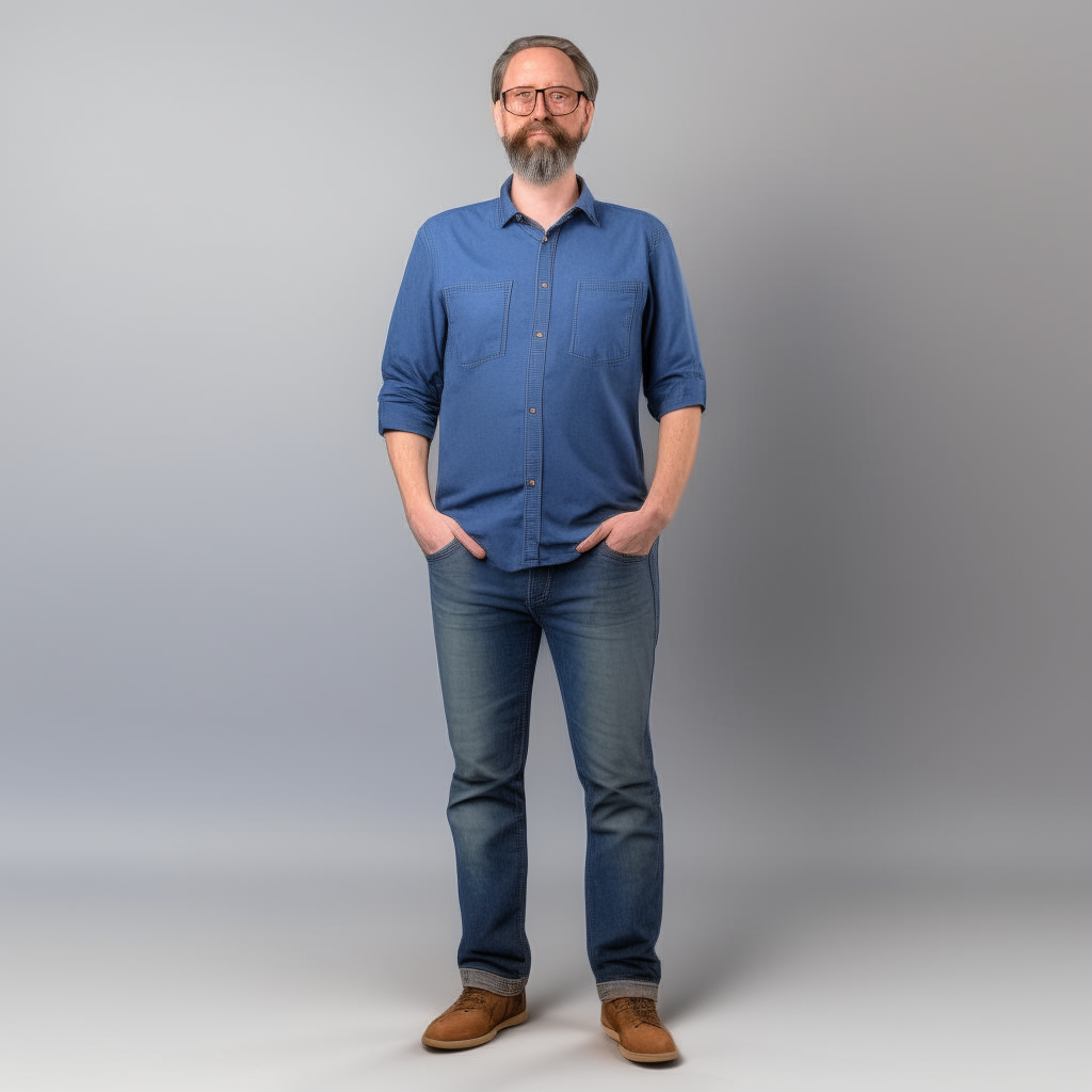 A full body image of the person from the fused photo, wearing a blue shirt and jeans