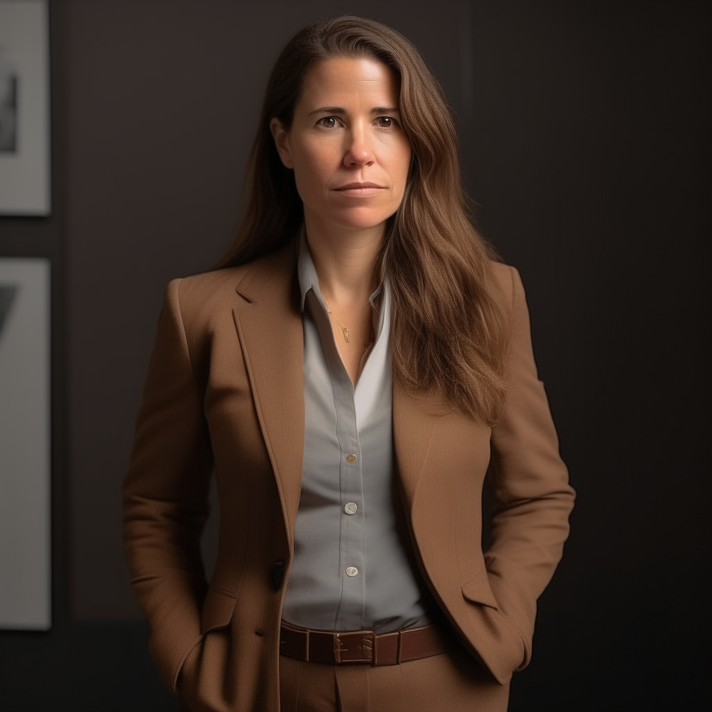 A woman with shoulder length hair and a brown blazer, standing with her hands on her hips