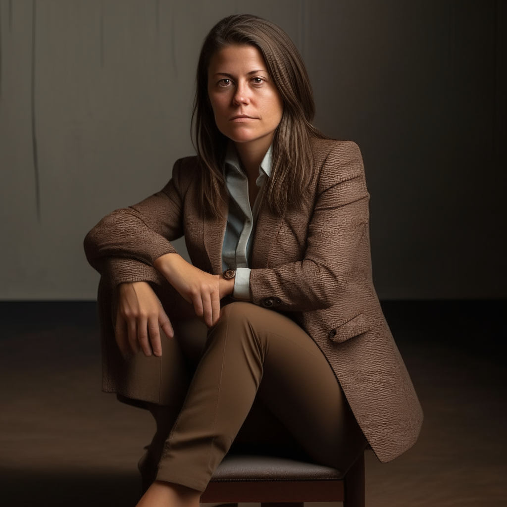 A woman with shoulder length hair and a brown blazer, sitting with one leg crossed over the other