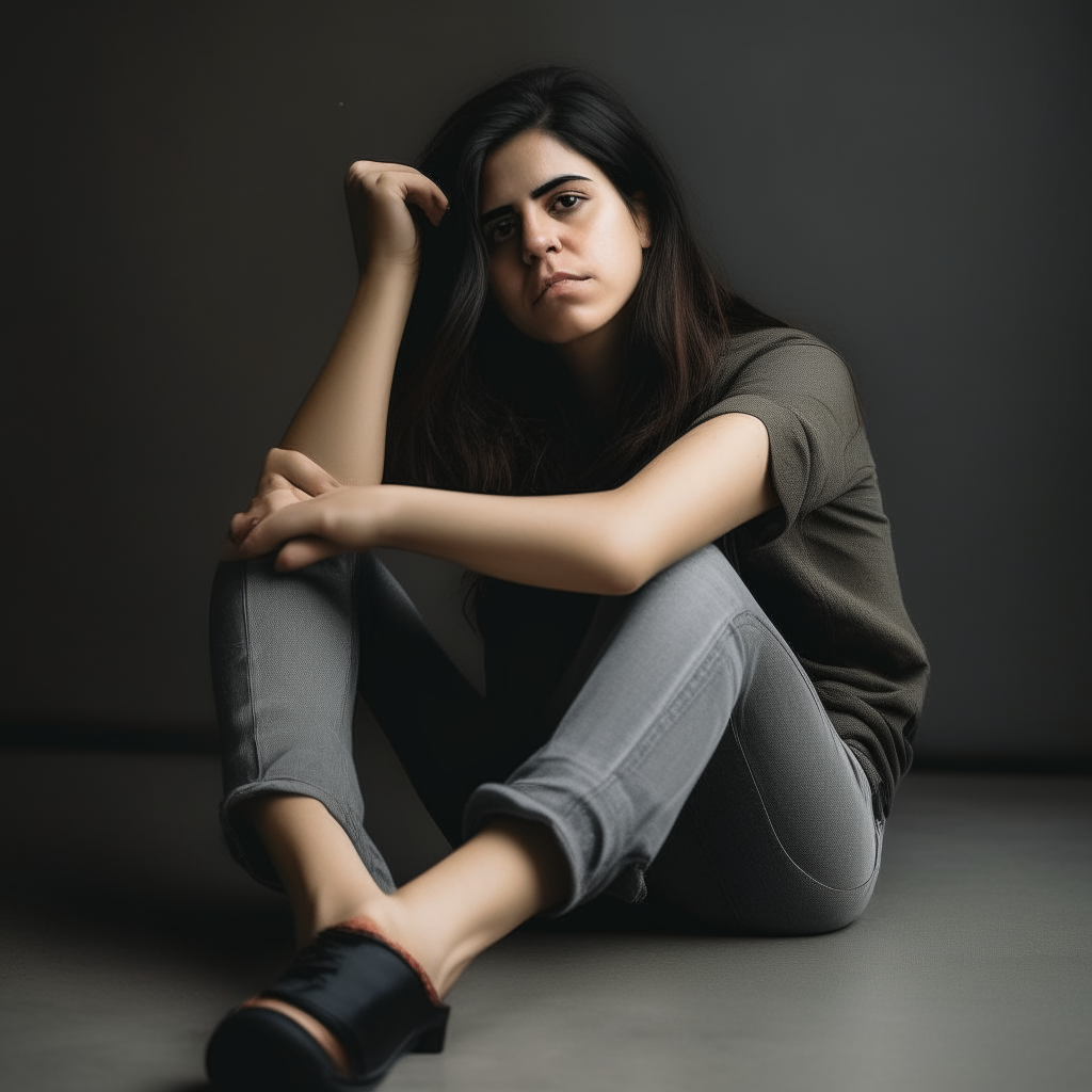 A woman with shoulder-length hair, sitting with her legs extended and leaning back on her hands