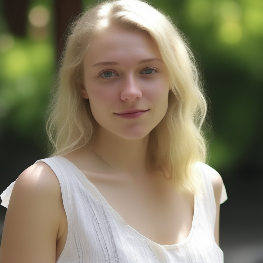 A fair-skinned woman with light blonde hair, wearing a white sundress