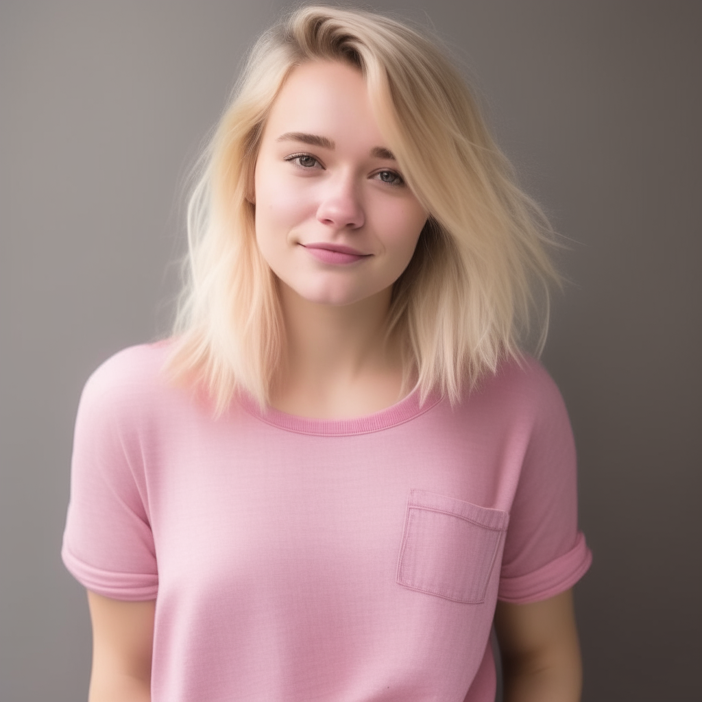 A fair-skinned woman with light blonde hair, wearing a pink top and jeans