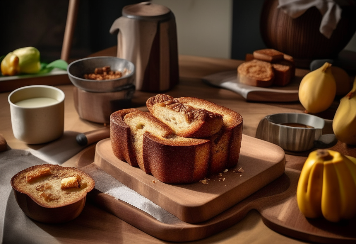 Picture a cozy, inviting American kitchen scene, with a rustic wooden table bathed in soft morning light. In the center, a charming ceramic plate holds a freshly baked Air Fryer Banana Bread. The bread, with a golden-brown crust and moist, tender interior, is sliced to reveal the rich, banana-infused texture, scattered with delicate walnuts. Beside the bread, a jar of homemade honey and a soft pat of butter sit ready for spreading. A bunch of ripe bananas and a few scattered walnuts lie nearby, hinting at the bread's main ingredients. In the background, a classic American kitchen window reveals a serene garden view, adding a touch of tranquility. This scene captures the essence of American home baking - simple, comforting, and lovingly made, reflecting the tradition of homemade treats shared among family and friends.