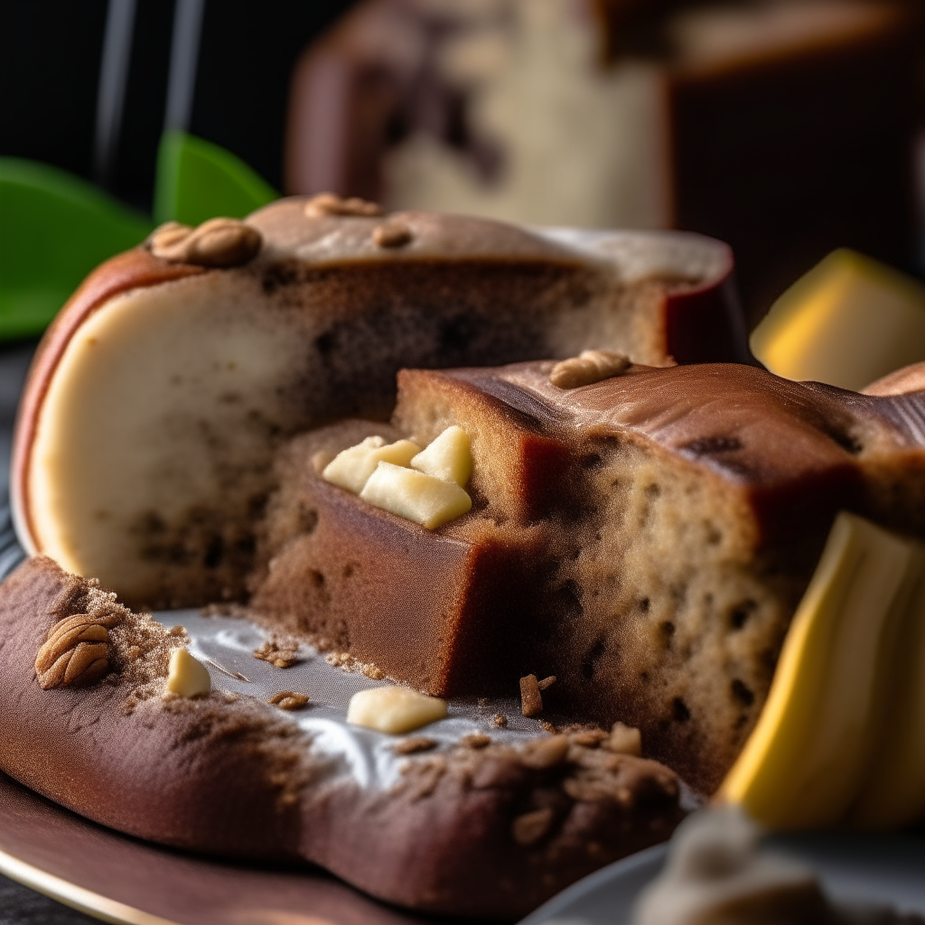 a close-up photo of a slice of freshly baked banana bread on a plate, showing the moist interior with banana chunks and walnuts