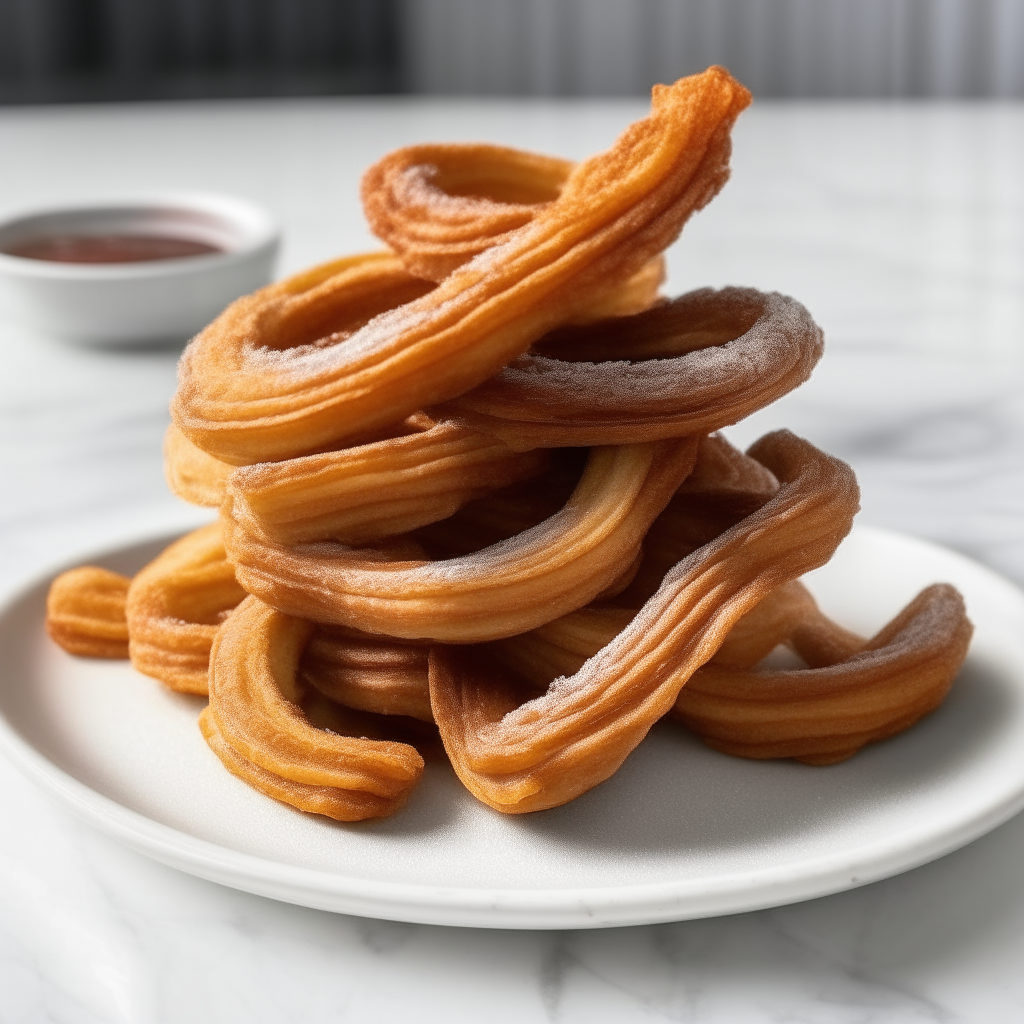 a pile of freshly made churros with a coating of white sugar, crispy on the outside and fluffy on the inside, arranged in a spiral on a white plate