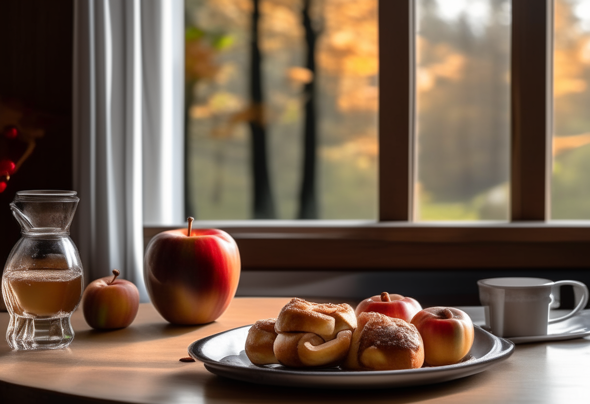 a charming wooden table with a plate of baked apples filled with brown sugar, cinnamon, and nuts, next to a small jug of maple syrup and cinnamon stick, with a cozy window view of falling leaves in the background