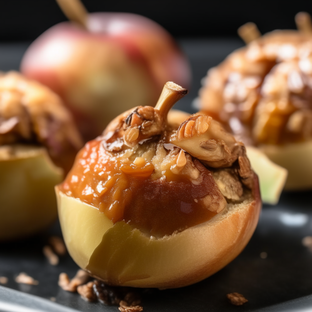 a close-up photo of baked apples filled with brown sugar, cinnamon, and nuts, with melted butter on top