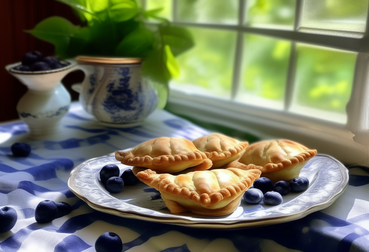 a quaint checkered tablecloth with a plate of golden flaky blueberry hand pies dusted with sugar, next to fresh blueberries and mint, with a sunny garden visible through the window