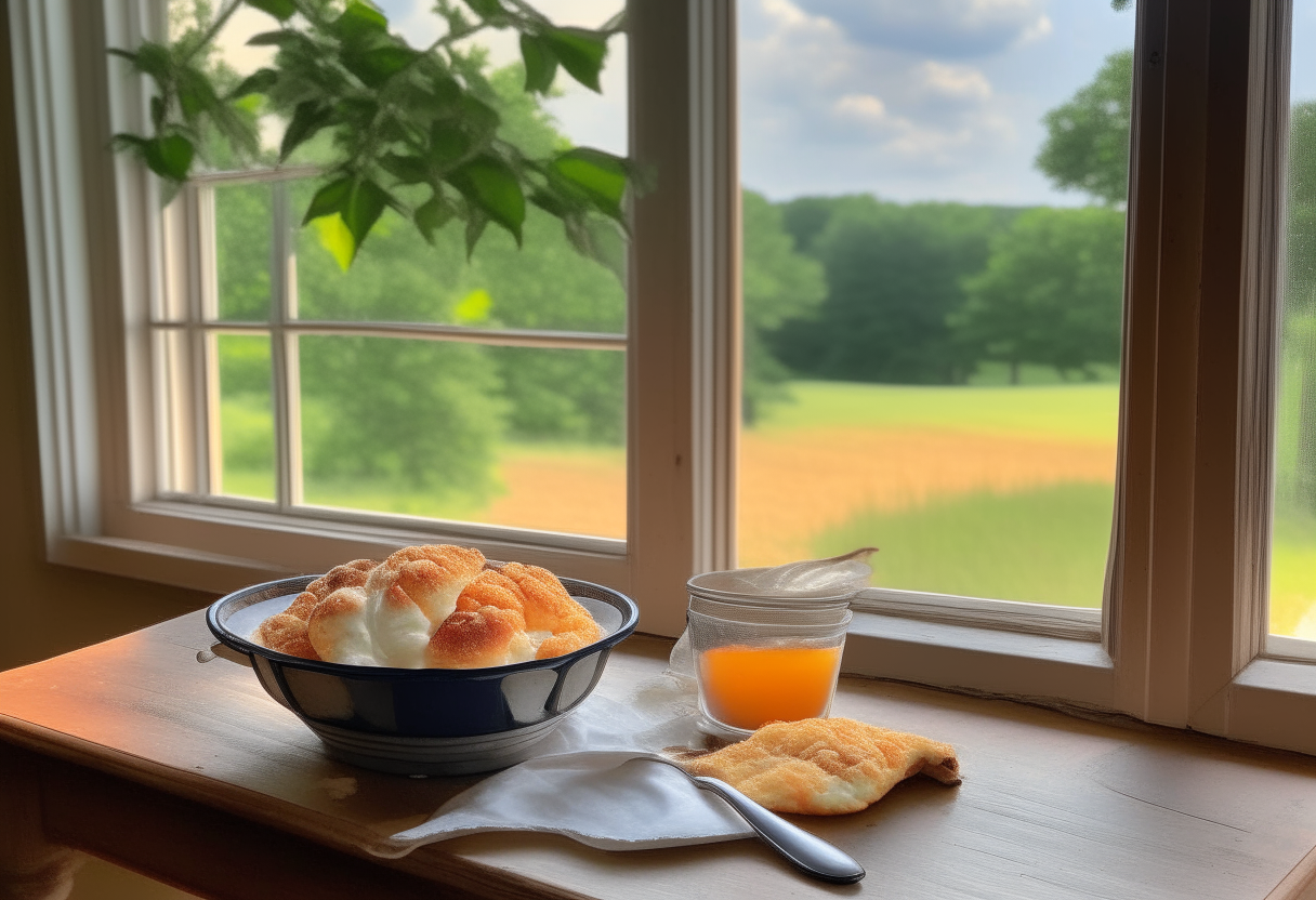 A rustic table with a bubbling peach cobbler topped with vanilla ice cream, next to fresh peaches and mint, with a window view of a serene orchard