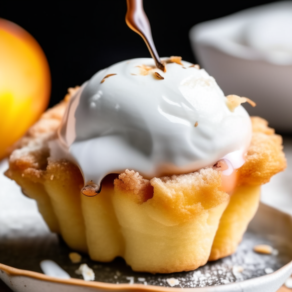 A close-up photo of the peach cobbler with melted vanilla ice cream on top