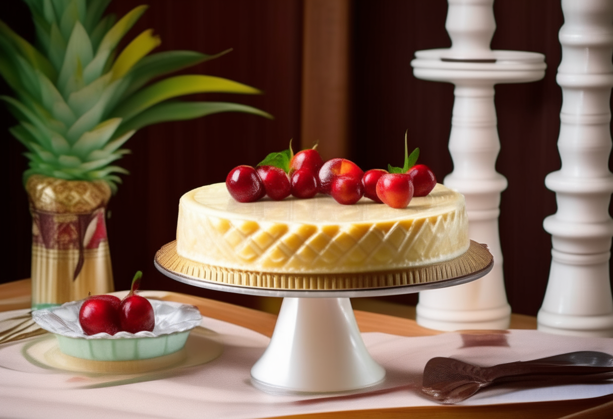 A classic white cake stand displaying a golden pineapple upside down cake with pineapple rings and cherries on top, next to fresh pineapple and cherries, in a vintage pastel kitchen