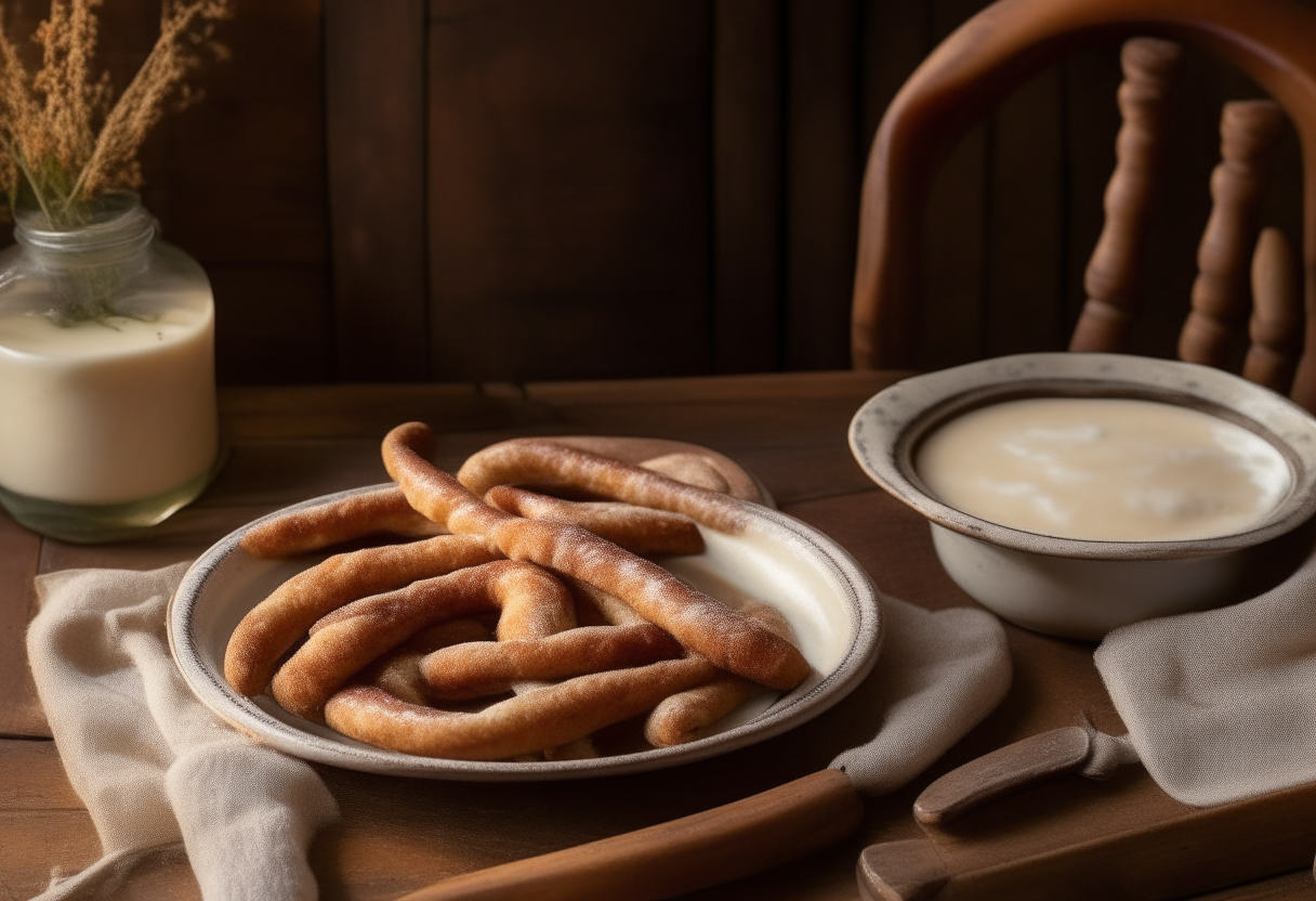 A rustic kitchen table with a plate of golden-brown cinnamon sugar twists and a bowl of vanilla dipping sauce, in a cozy vintage Americana setting