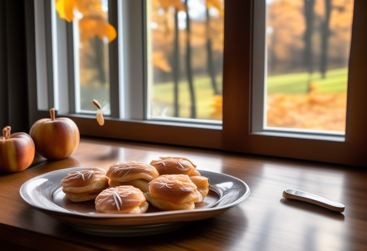 A wooden table with a plate of apple fritters and cinnamon sticks, next to a window overlooking fall leaves