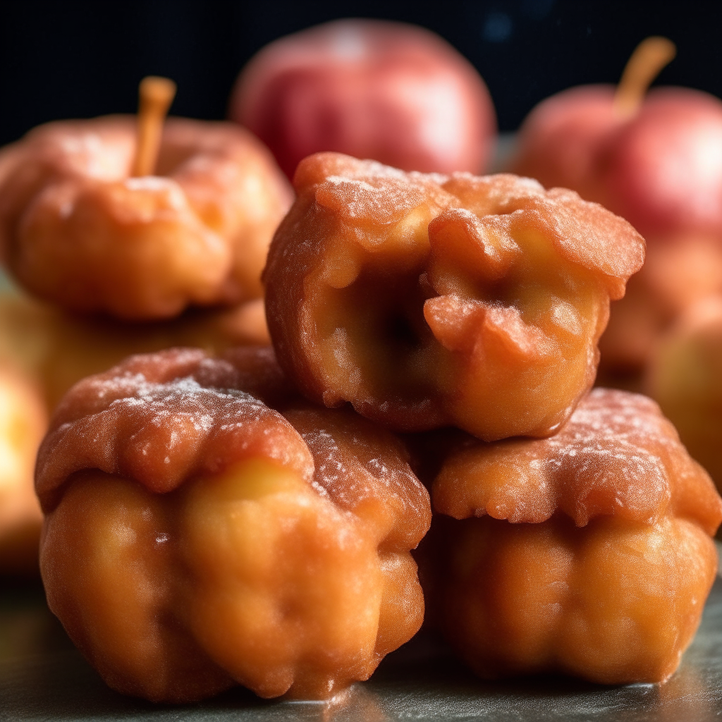 a close up photo of golden brown apple fritters packed with diced apples and cinnamon