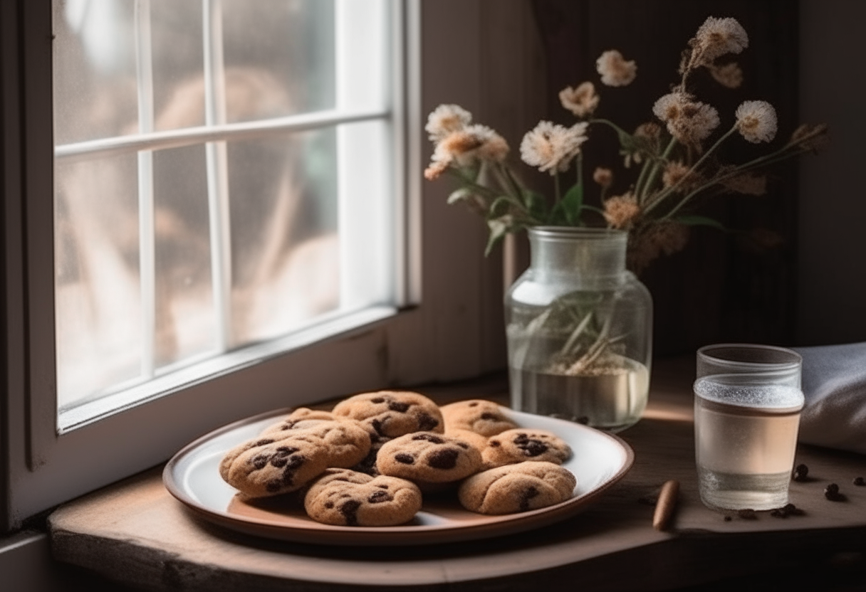 a rustic wooden table with a plate of warm chocolate chip cookies and a glass of milk, in a cozy kitchen with flowers on the windowsill