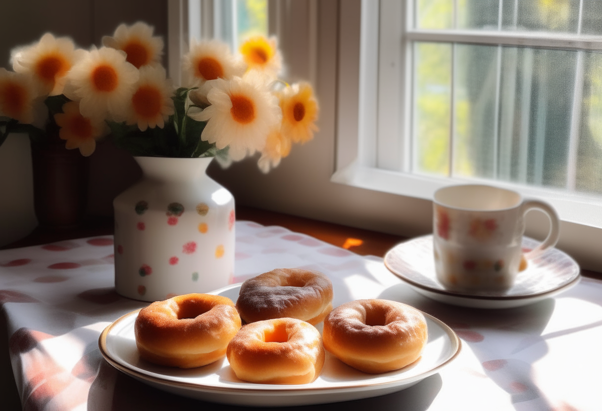 A checkered tablecloth with a plate of air fried donuts, next to a cup of coffee and vase of flowers by a sunny kitchen window