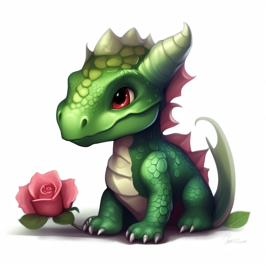 a small, cute baby dragon with green scales, sitting next to a rose and looking curious