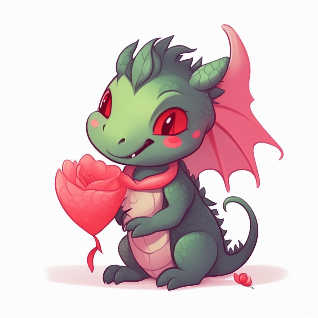 A baby dragon with a pink heart on its chest nuzzling a red carnation, cartoon style