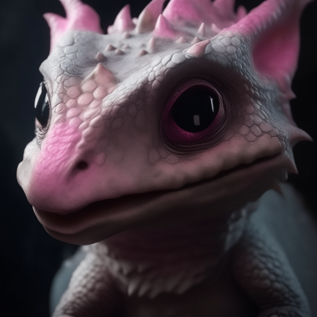 A close-up portrait of the baby dragon from the previous images, with its pink heart visible and prominent on its chest