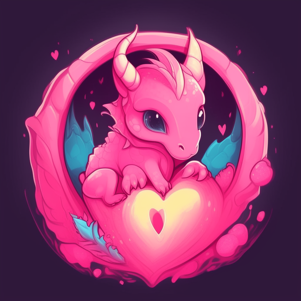 The baby dragon curled up asleep inside the glowing pink heart from before, cartoon style